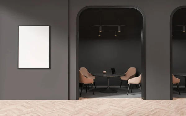 Interior of meeting area in bank with gray and black walls, wooden floor, round tables with beige chairs in cubicles and vertical mock up poster. 3d rendering