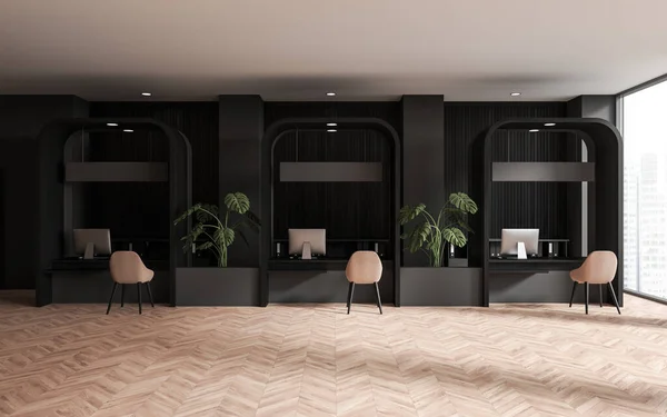Stylish bank interior with pc computer and armchairs in row, panoramic window and hardwood floor. Consulting work zone and minimalist modern furniture. 3D rendering
