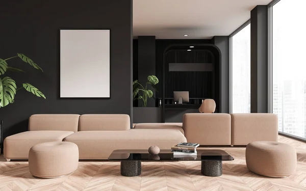 Interior of stylish bank waiting room with gray and dark wooden walls, wooden floor, comfortable beige couch standing near coffee table and vertical mock up poster. 3d rendering