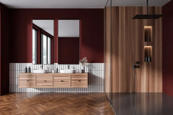 红色和木制浴室内部有双层洗涤槽和带有玻璃隔板的淋浴间 洗脸盆和带有洗浴配件和全景窗的木制橱柜 3D渲染 — 图库照片