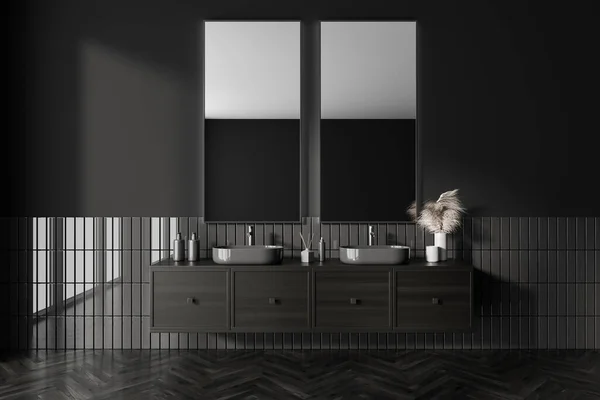 Dark Bathroom Interior Double Sink Two Mirrors Washbasin Floating Black — Stock Photo, Image