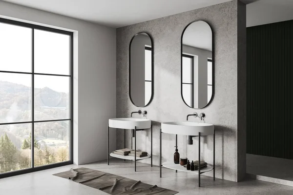白とコンクリートの壁 コンクリートの床 2つの楕円形の鏡と山の景色を窓とダブルシンクとモダンなバスルームのコーナー 3Dレンダリング — ストック写真