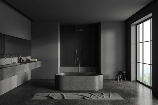 Casa Escura Casa Banho Interior Com Pia Dupla Banheira Chuveiro — Fotografia de Stock