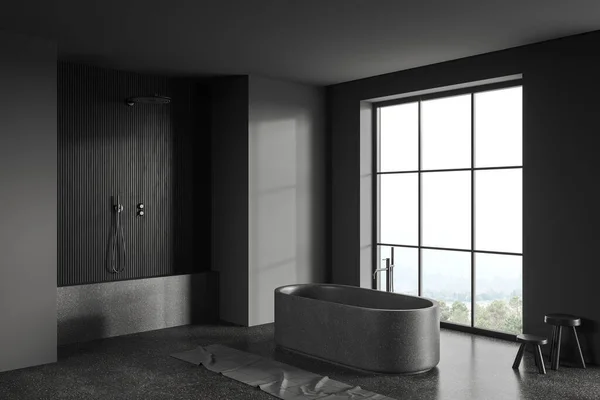 Interieur Des Stilvollen Badezimmers Mit Grauen Und Dunklen Holzwänden Steinboden — Stockfoto