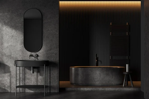 黑暗浴室内部与水池和浴缸在讲台上与凳子 铁路梯子和花瓶与分支 最低限度的浴场和灰色混凝土地面 3D渲染 — 图库照片