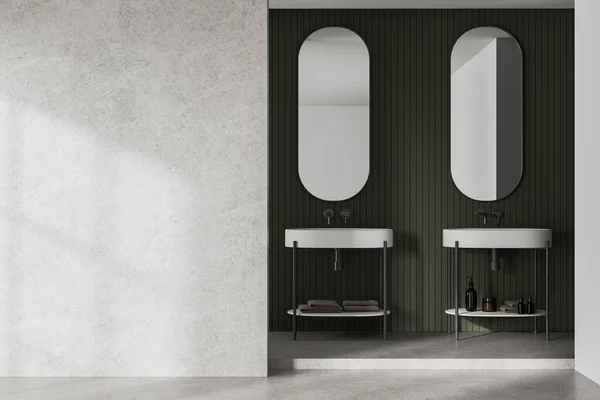 Modern Otel Banyosu Çift Lavabo Oval Ayna Minimalist Aksesuarlar Boş — Stok fotoğraf