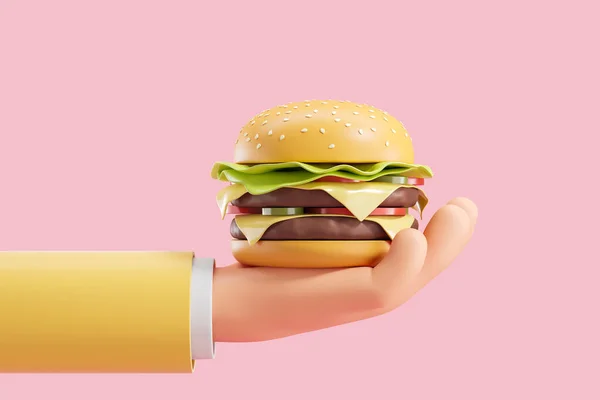 一个身穿黄色西装的卡通人物手拿着一个粉色背景的芝士汉堡快餐和营养的概念 3D渲染 — 图库照片