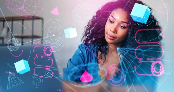 Zwarte Student Vrouw Werkt Met Laptop Dubbele Belichting Met Kleurrijke — Stockfoto