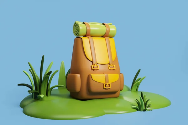 褐色和黄色的旅游背包 带着滚动的垫子 站在深蓝色背景的草地上 远足和远足的概念 3D渲染 — 图库照片