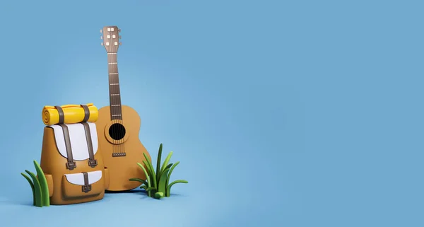 Mochila Minimalista Marrom Dos Desenhos Animados Guitarra Clássica Fundo Azul — Fotografia de Stock