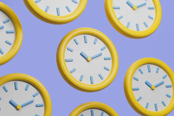 青い背景に黄色の漫画の時計のパターンの行 スケジュールの概念 3Dレンダリング図 — ストック写真