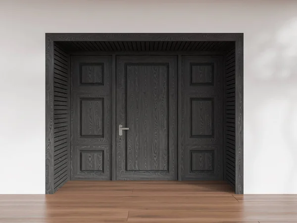 Blick Auf Stilvolle Schwarze Holztür Weißer Hauswand Mit Holzboden Konzept — Stockfoto