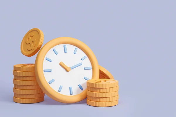 Elegante Reloj Dibujos Animados Pie Entre Pilas Monedas Dólar Sobre —  Fotos de Stock