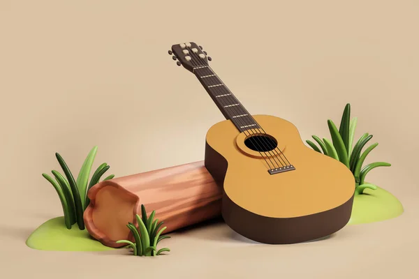 Vista Guitarra Acústica Madeira Clássica Deitada Log Sobre Fundo Bege — Fotografia de Stock