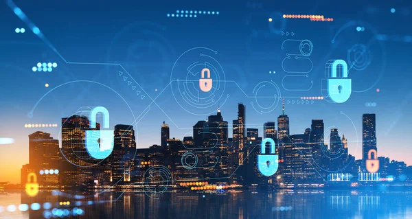 Digital cybersecurity hud hologram with glowing lock icons, double exposure with New York skyline at night. Concept of big business data and confidential information protection