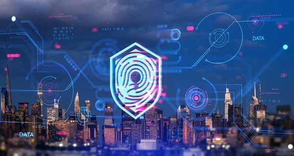 New York Night Skyline Biometric Verification Fingerprint Digital Hologram Dashboard — Stock Photo, Image