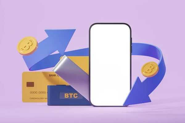 Telefone Simular Exibição Transferência Bitcoin Transação Internet Banking Moedas Cartão — Fotografia de Stock