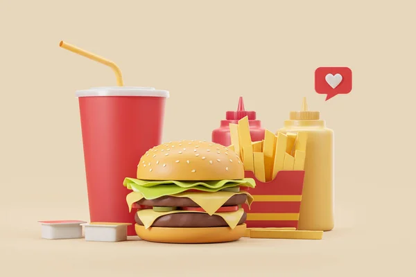 芝士汉堡 番茄酱和芥末 黄色背景 快餐和营养的概念 3D渲染 — 图库照片
