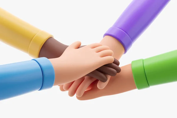 Weergave Cartoon Personages Handen Handen Witte Achtergrond Multinationale Samenwerking Teamwork — Stockfoto