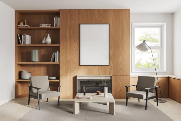 现代客厅的内部 有白色和木制的墙壁 舒适的扶手椅 咖啡桌和垂直的模拟海报挂在壁炉上方 3D渲染 — 图库照片