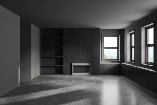 Interior Escuro Casa Vazia Com Piso Concreto Cinza Vista Frontal — Fotografia de Stock