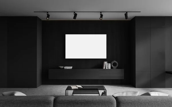 Tmavý Domácí Obývací Pokoj Interiér Pohovkou Příborníkem Dekorací Relaxační Prostor — Stock fotografie