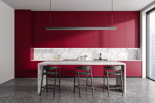 Interior Stylish Kitchen White Walls Stone Floor Red Cabinets Built — Stock Photo, Image