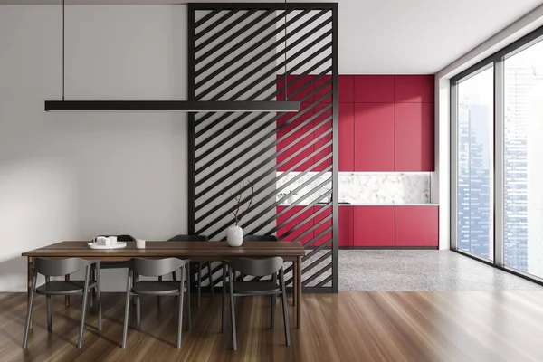 Innenraum Der Stilvollen Küche Mit Weißen Wänden Roten Schränken Großem — Stockfoto