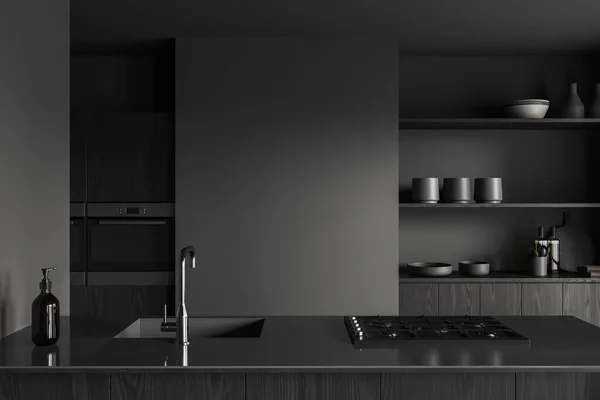 时尚厨房的内部 有灰色的墙壁 黑暗的木制岛屿 内置水槽和炊具和碗碟架 3D渲染 — 图库照片