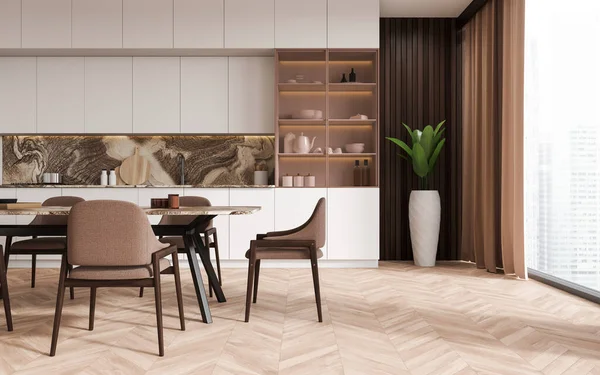 现代化厨房的内部 有白色和大理石墙壁 木制地板 白色橱柜 橱柜和有椅子的长餐桌 3D渲染 — 图库照片