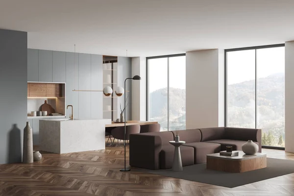 Interieur Van Moderne Keuken Met Witte Muren Houten Vloer Grijze — Stockfoto