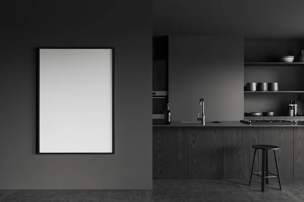 Interior Cozinha Elegante Com Paredes Cinzentas Piso Concreto Ilha Madeira — Fotografia de Stock