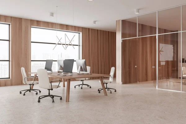 Interior Escritório Madeira Branco Com Coworking Sala Negócios Vidro Vista — Fotografia de Stock