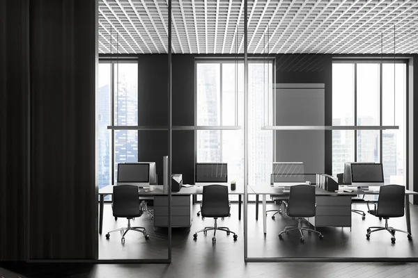 Salón Oficinas Espacio Abierto Moderno Con Paredes Grises Vidrio Suelo —  Fotos de Stock