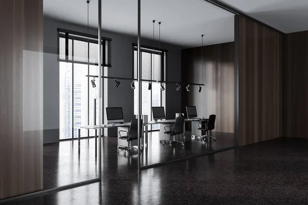 Interieur Van Moderne Open Kantoorhal Met Grijze Glazen Donkere Houten — Stockfoto