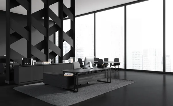 Interior Stylish Ceo Office Gray Patterned Walls Black Floor Dark — Stock Photo, Image