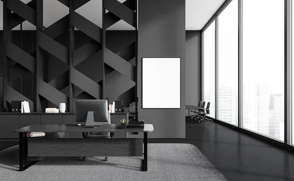 Interior Stylish Ceo Office Gray Patterned Walls Black Floor Dark — Stock Photo, Image