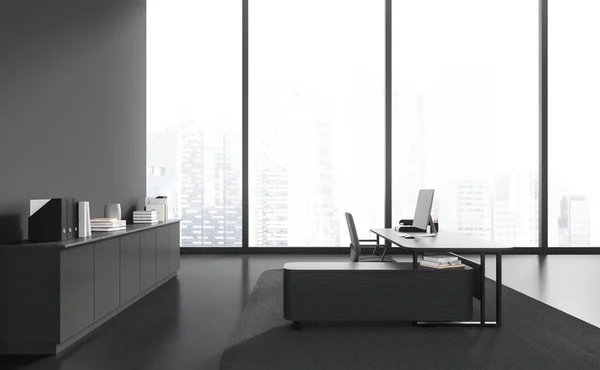 Interior Stylish Ceo Office Gray Walls Black Floor Dark Wooden — Stock Photo, Image