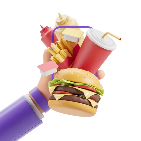 卡通人物的手拿着装有快餐的智能手机从里面出来 食品交付应用的概念 3D渲染 — 图库照片