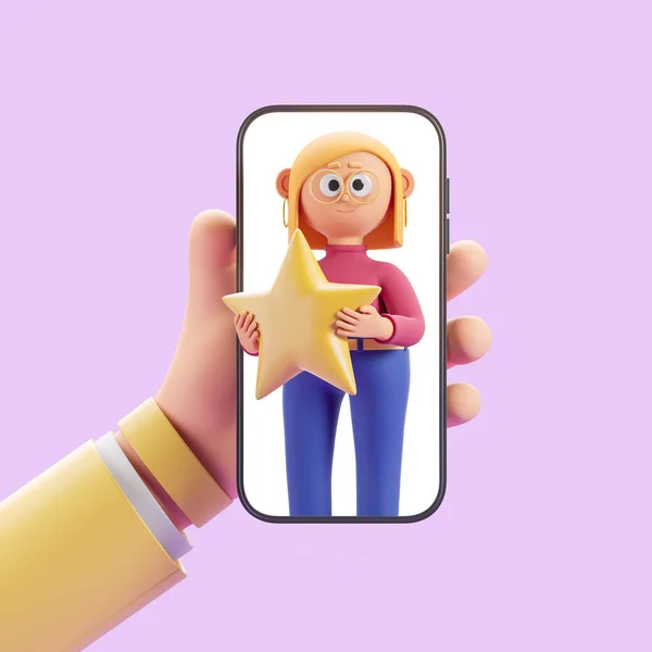 3d rendering. Cartoon character hand with smartphone mock up screen, smiling woman holding a big gold star. Concept of customer review rating and client feedback illustration.