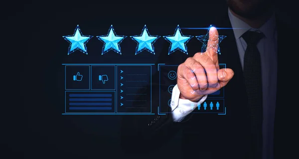 Hand Unrecognizable Businessman Giving Four Star Rating Dark Blue Background — Stock Photo, Image