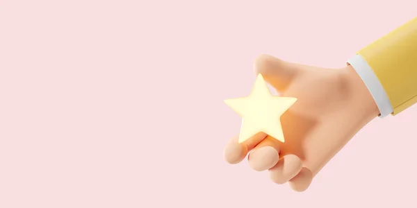 Hand of cartoon man in yellow suit holding shining star over pink background. Concept of client feedback and service ranking. 3d rendering, mock up