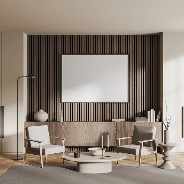 Modernes Wohnzimmerinterieur Mit Zwei Sesseln Und Sideboard Mit Dekoration Teppich — Stockfoto