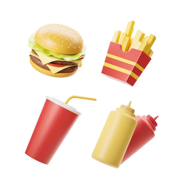 Cartoon Cheeseburger Kentang Goreng Minuman Kecap Dan Mustard Dengan Latar — Stok Foto