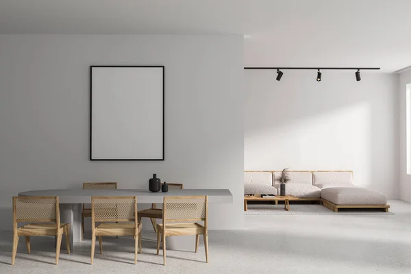 Interior Moderna Sala Estar Com Paredes Brancas Piso Concreto Sofá — Fotografia de Stock