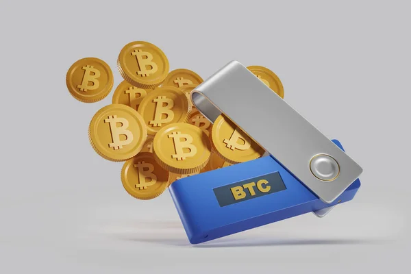 Portefeuille Matériel Crypto Monnaie Bleu Avec Beaucoup Bitcoins Autour Lui — Photo