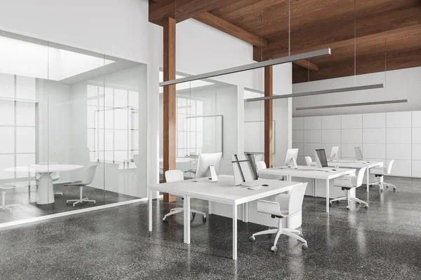 同僚やガラス会議室 サイドビューとホワイトオフィスのインテリア 灰色のコンクリートの床に机やPcコンピュータと居心地の良い職場の隅 3Dレンダリング — ストック写真