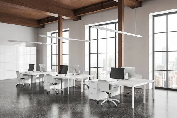 Corner of modern open space office with white walls, wooden ceiling and row of white computer tables with chairs. 3d rendering
