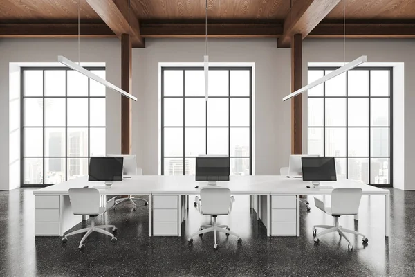 stock image Interior of modern open space office with white walls, wooden ceiling and row of white computer tables with chairs. 3d rendering