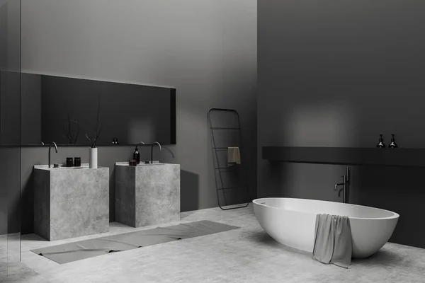 暗色浴室内部与双水池和浴缸 侧视图 灰色混凝土地板 带配件的最低限度洗涤区 模拟复制空间墙 3D渲染 — 图库照片